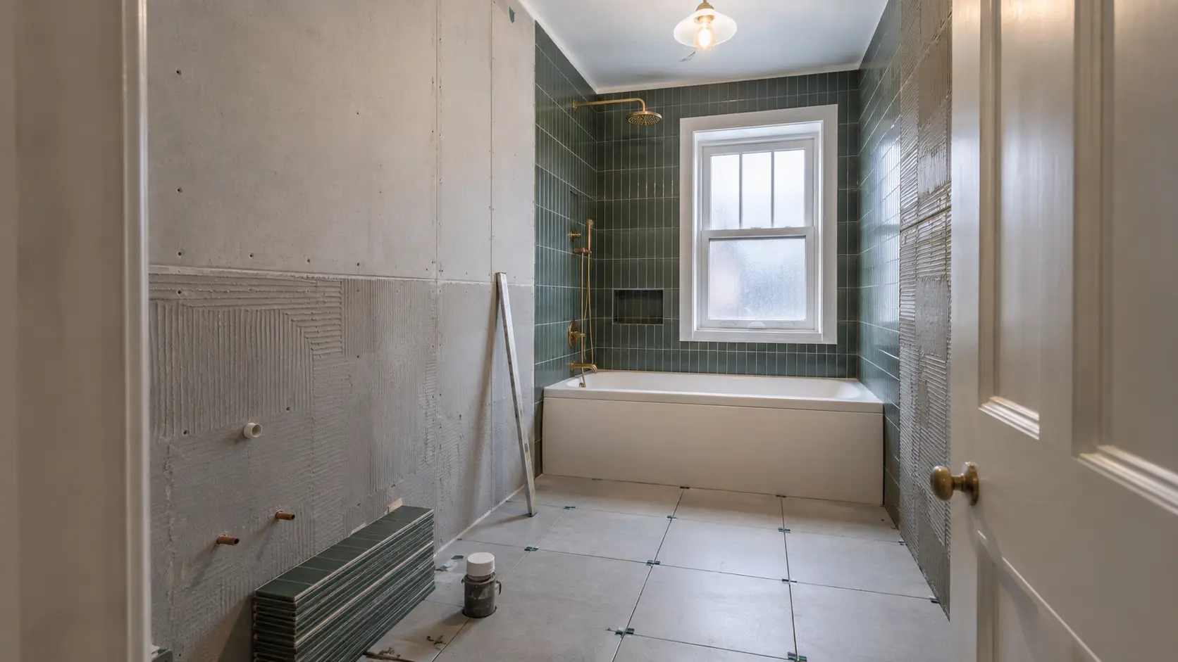 Bathroom renovation in progress with a finished bath area and prepared walls