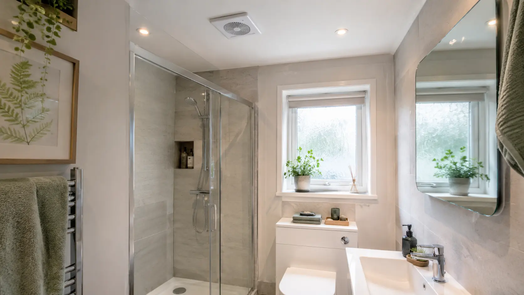 Bathroom extractor fan fitted above a modern shower