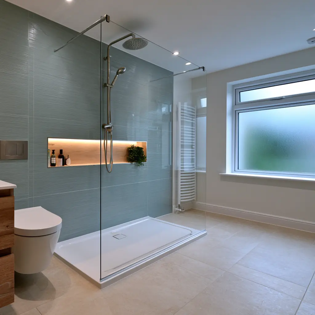 Light coastal-style bathroom with a spacious walk-in shower