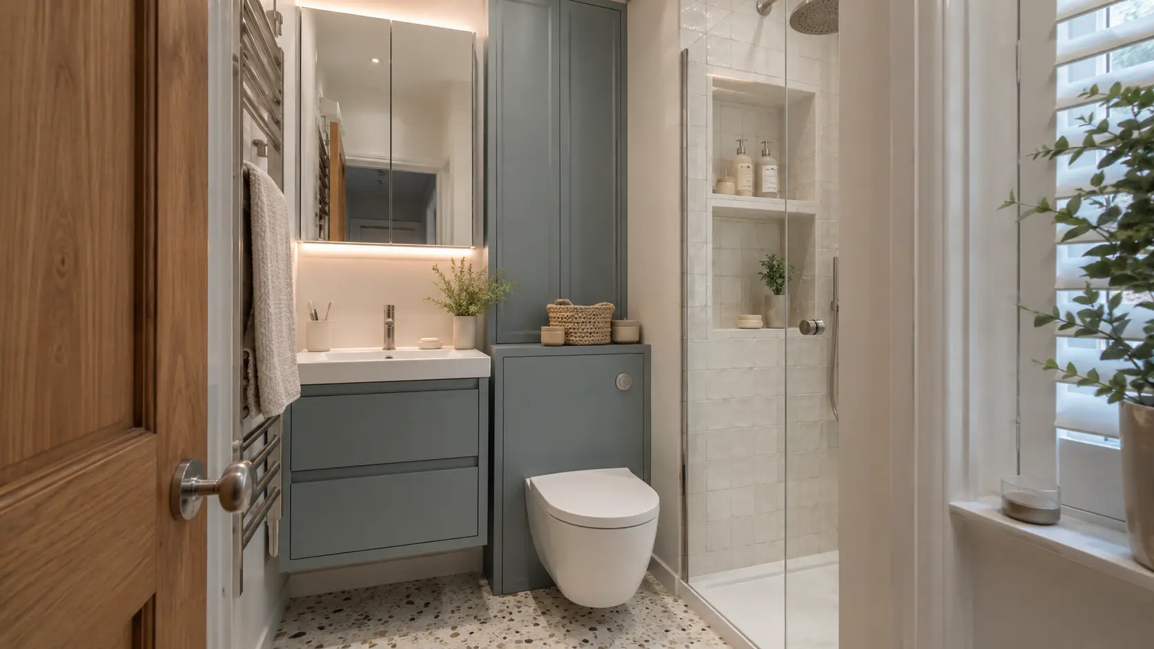 Compact bathroom with vanity drawers, a mirrored cabinet and shower niches