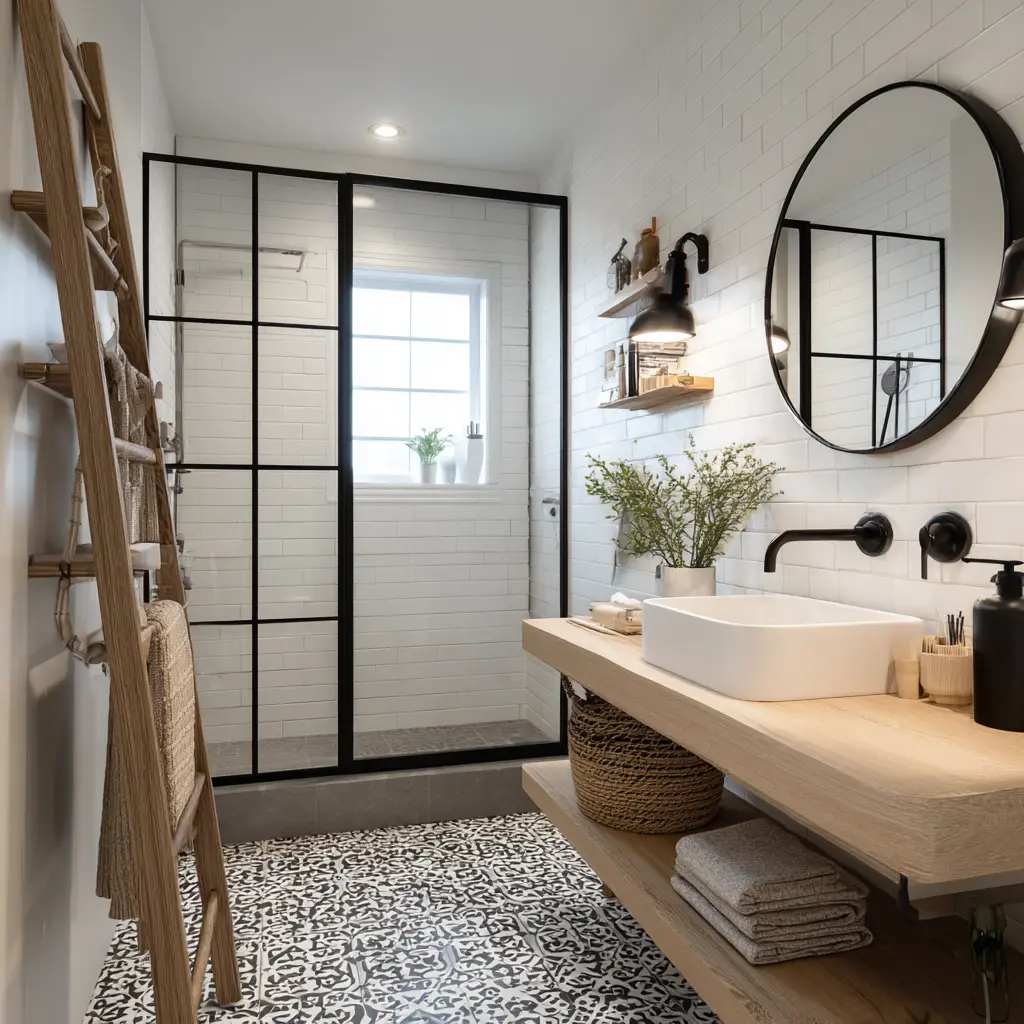 Compact bathroom with black framed shower screen