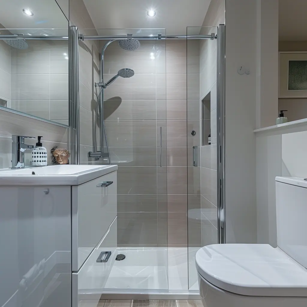 Compact pale grey shower room with fitted storage