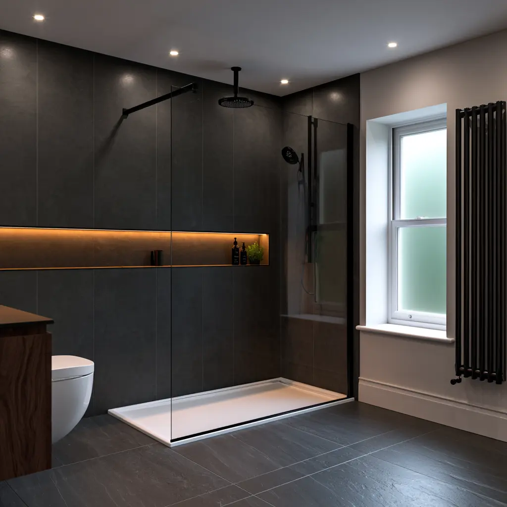 Dark contemporary walk-in shower with warm recessed lighting