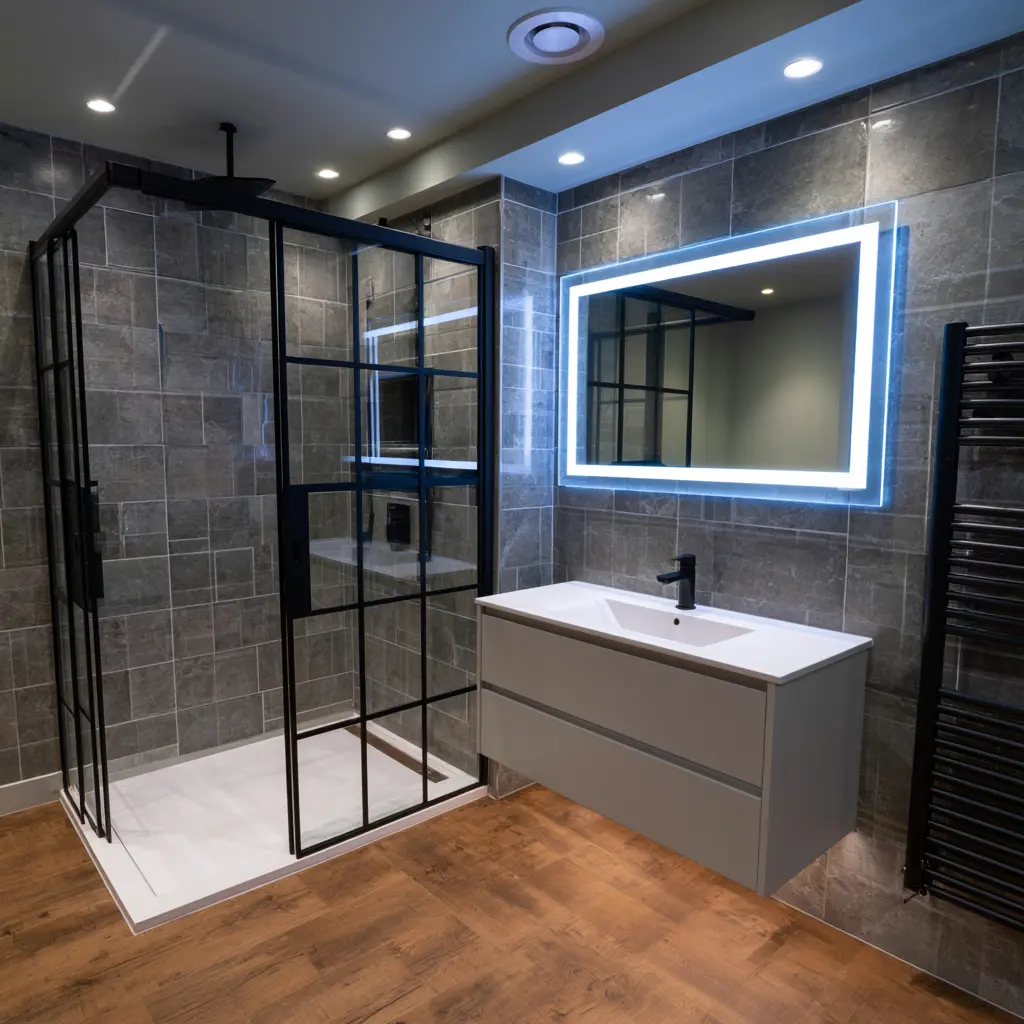 Grey tiled shower room with black grid enclosure and LED mirror