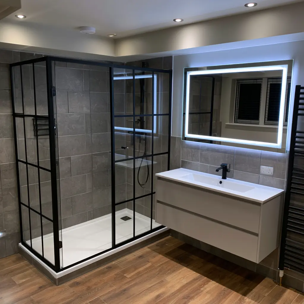Industrial-style bathroom with black grid shower enclosure