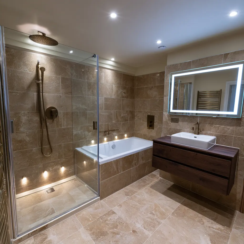 Luxury bathroom with bath, wet-room shower and illuminated mirror