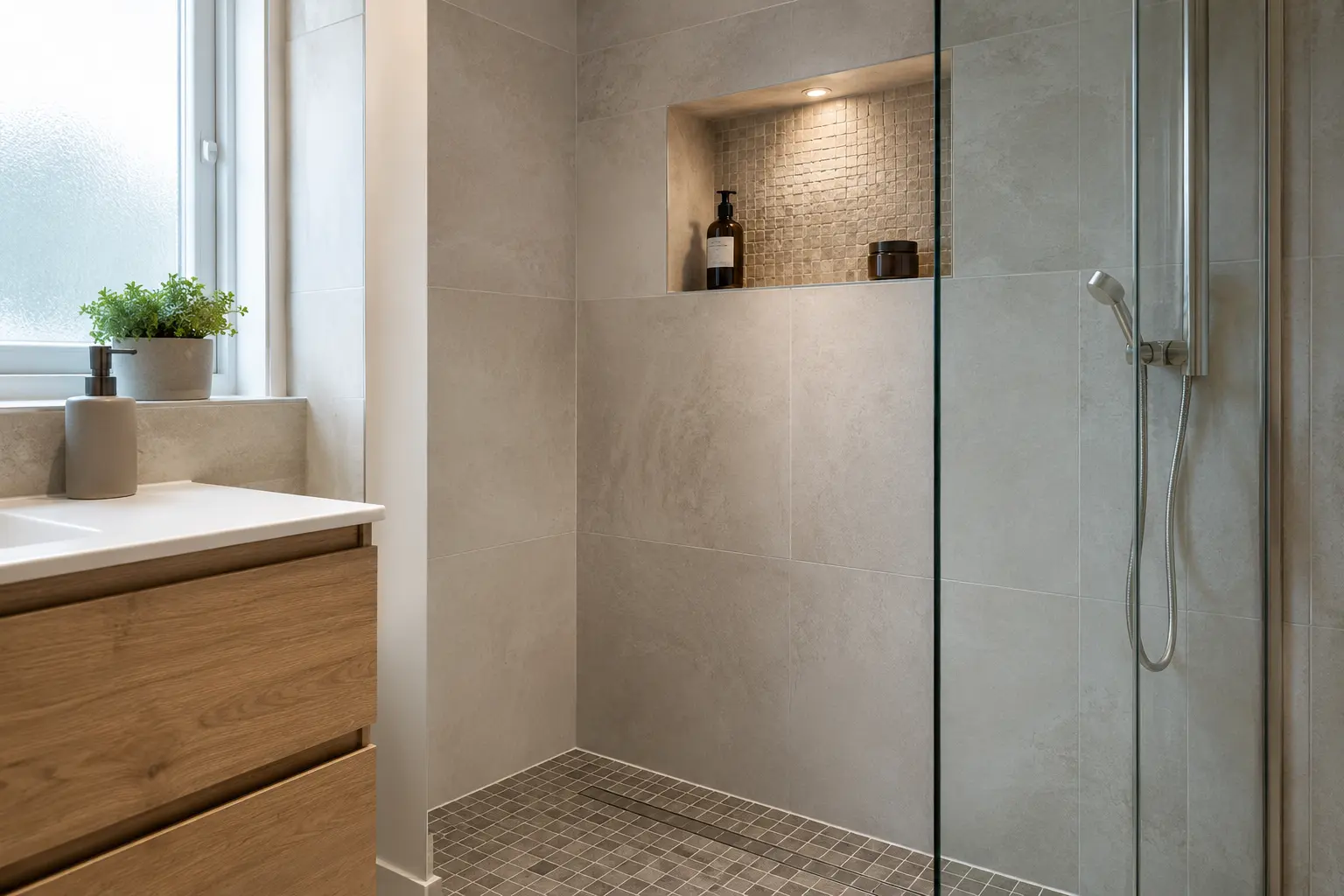 Modern bathroom tiling with a mosaic niche and large porcelain tiles