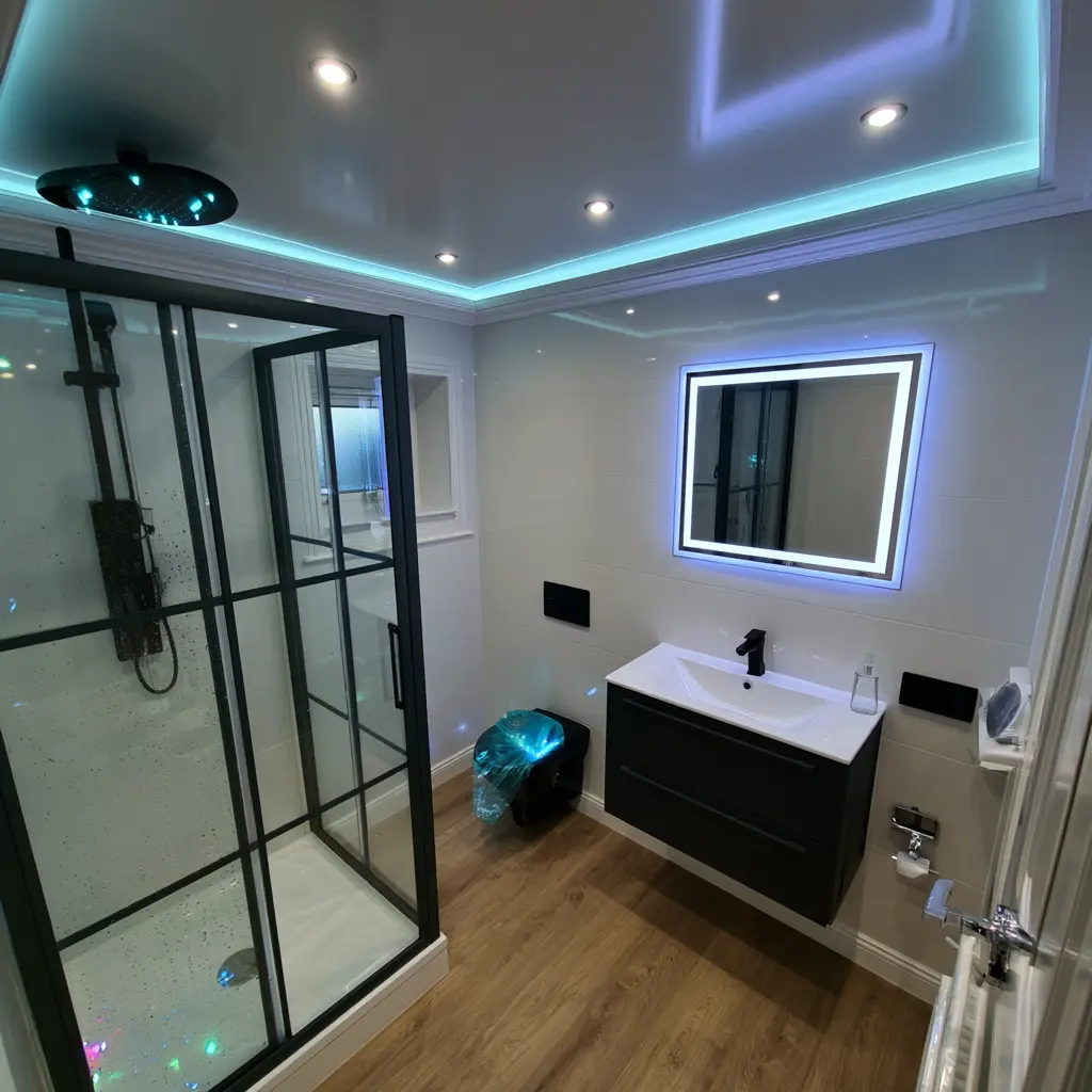 Modern black and white en suite with an illuminated mirror