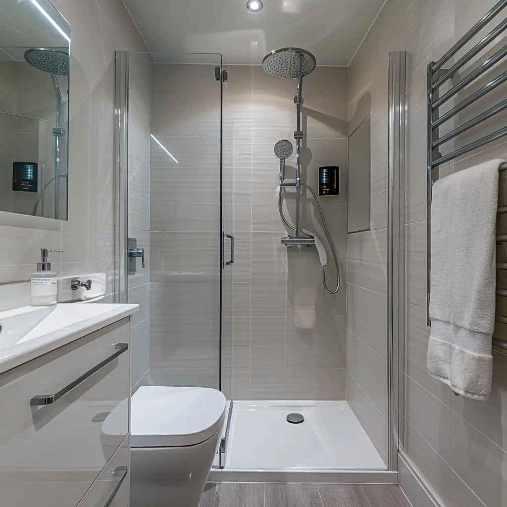 Narrow shower room with a low-entry walk-in shower