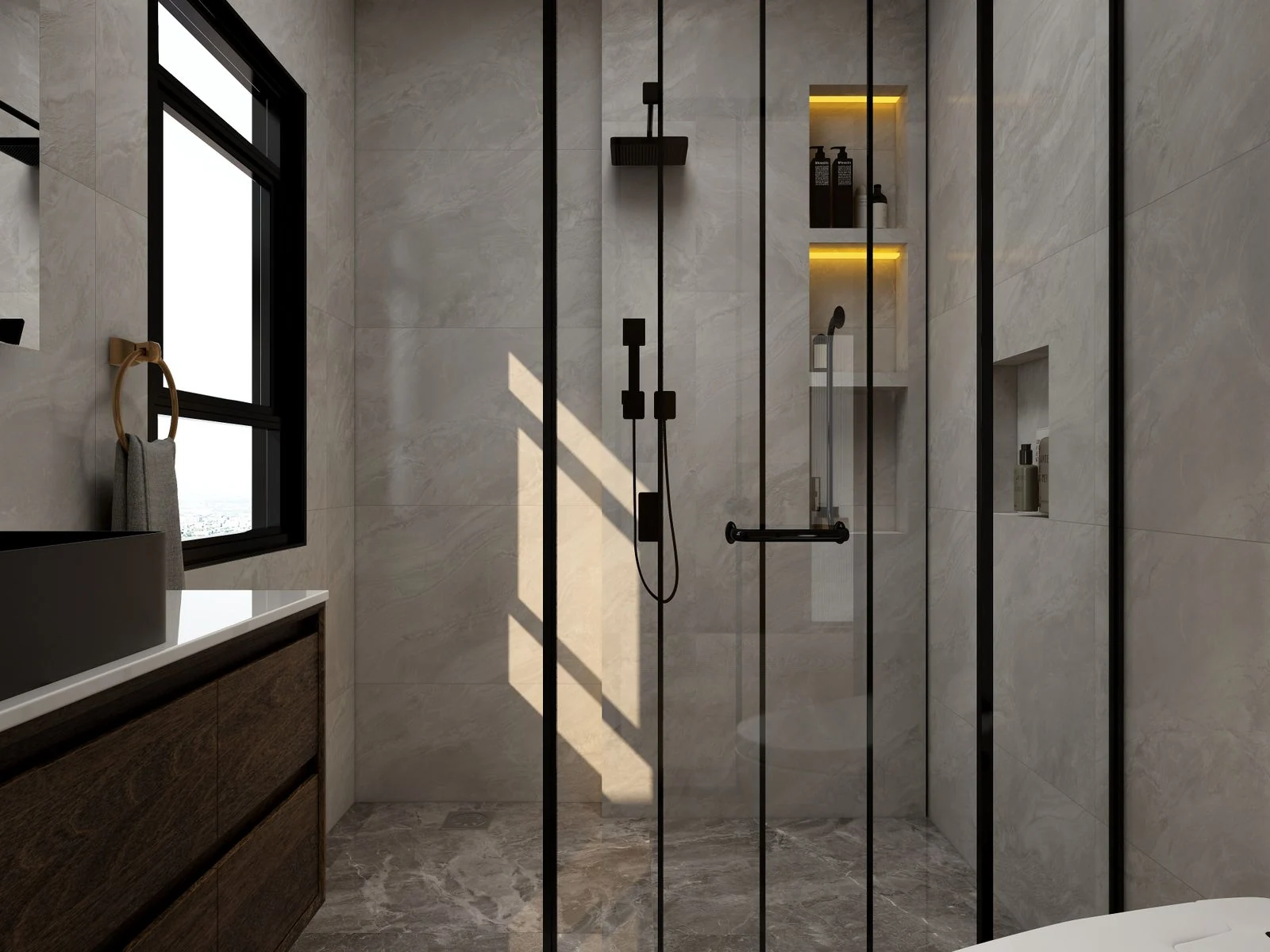 Luxurious modern bathroom with glass shower and marble walls, showcasing elegance