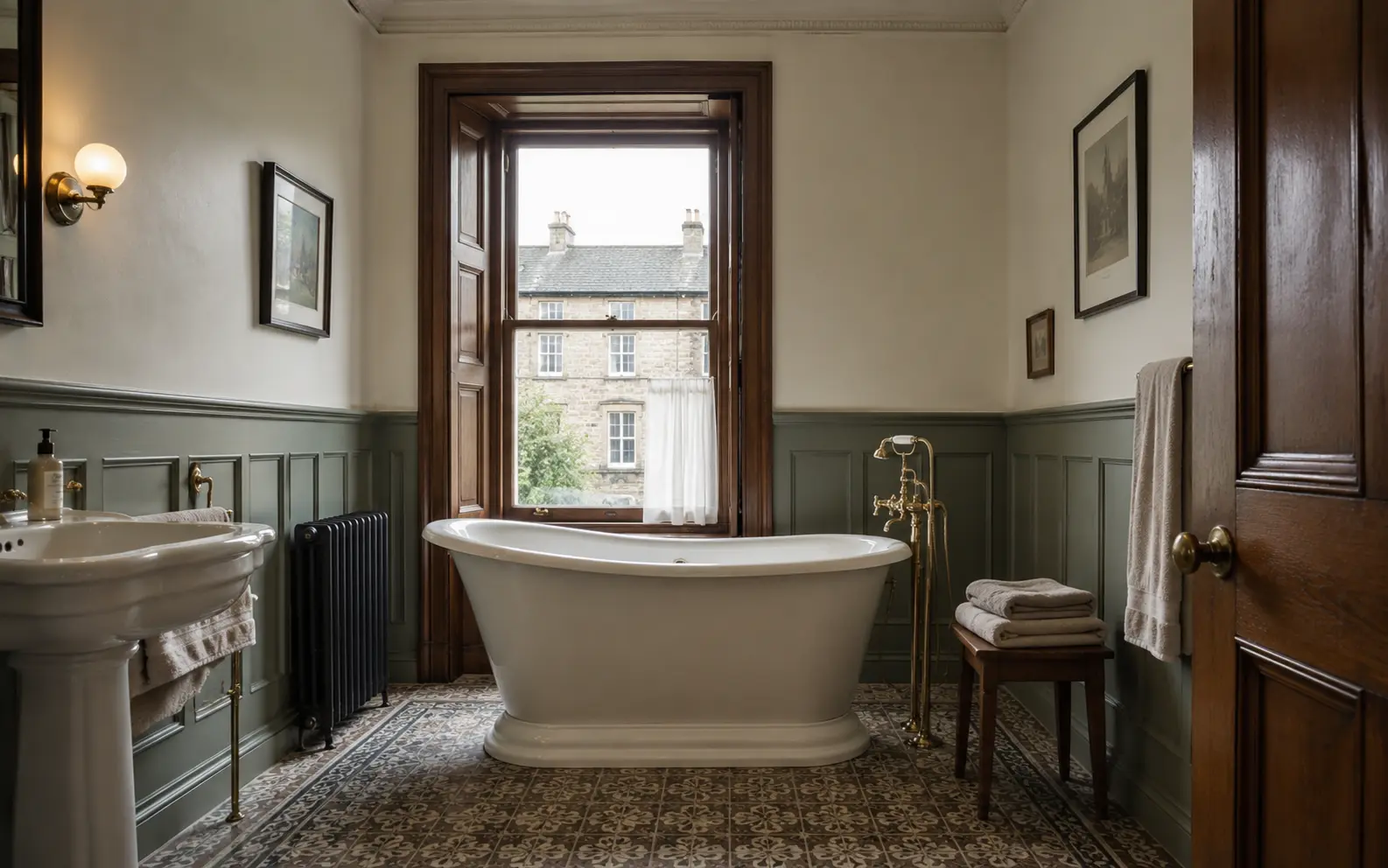 Traditional Victorian-style bathroom with a roll-top bath and sash window